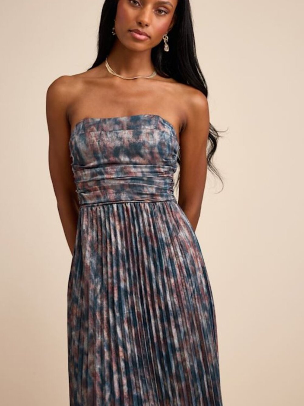 Lulus Islya Slate Blue Multi Abstract Pleated Strapless Maxi Dress